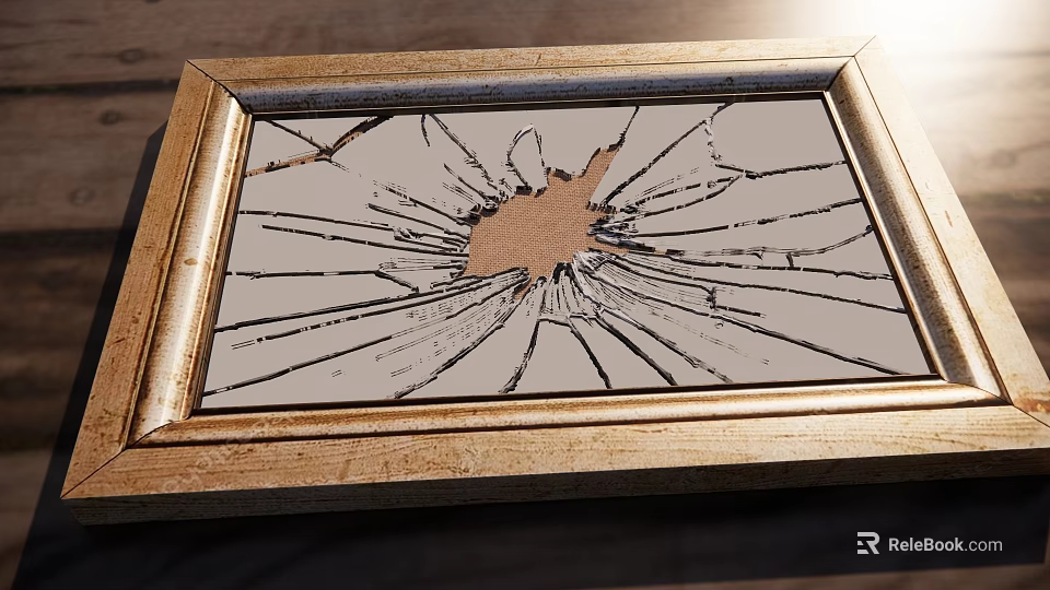 Broken Mirror with Golden Frame Featuring Spiderweb Cracks and Central Damage 3d model
