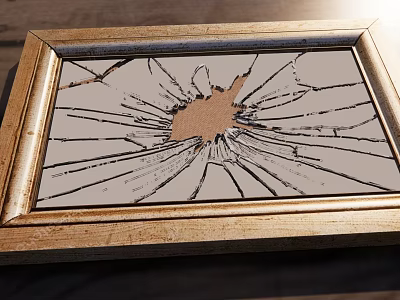 Broken Mirror with Golden Frame Featuring Spiderweb Cracks and Central Damage 3d model