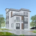Modern Detached Villa Exterior With Large Windows Balconies Driveway Lawn And Trees