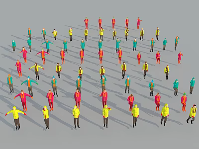 Group Of Colorful Characters Standing On Gray Background With Different Colored Clothing 3d model