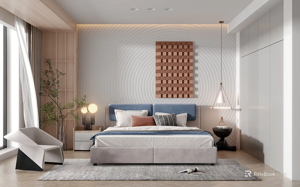 Modern Bedroom Interior Design With Blue Headboard Wooden Grid Art And Pendant Lighting 3d model 