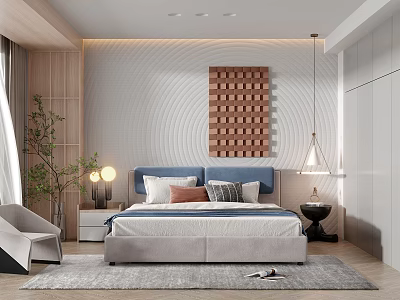 Modern Bedroom Interior Design With Blue Headboard Wooden Grid Art And Pendant Lighting 3d model