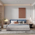 Modern Bedroom Interior Design With Blue Headboard Wooden Grid Art And Pendant Lighting