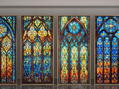 Vibrant Stained Glass Screen With Intricate Gothic Patterns And Colorful Designs 3d model