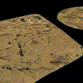 Detailed Terrain Landscape Model With Brown Land And Blue Water Areas