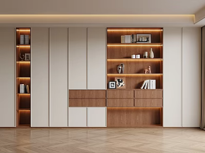 Modern Built in Bookcase With Wooden And White Panel LED Lighting And Decorative Items 3d model