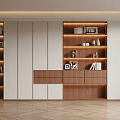 Modern Built in Bookcase With Wooden And White Panel LED Lighting And Decorative Items