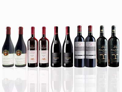 Various Labeled Wine Bottles And Glasses Arranged In A Row On White Background With Reflection 3d model