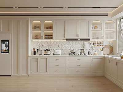Modern White Kitchen Interior Design With Cabinets Island Counter And Appliances 3d model