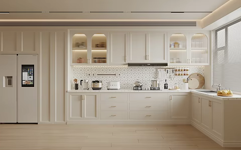 French Cream Style Kitchen Cabinet Kitchenware Refrigerator Cabinet Rice Cooker Bread Maker Kettle Chopping Board 3d model