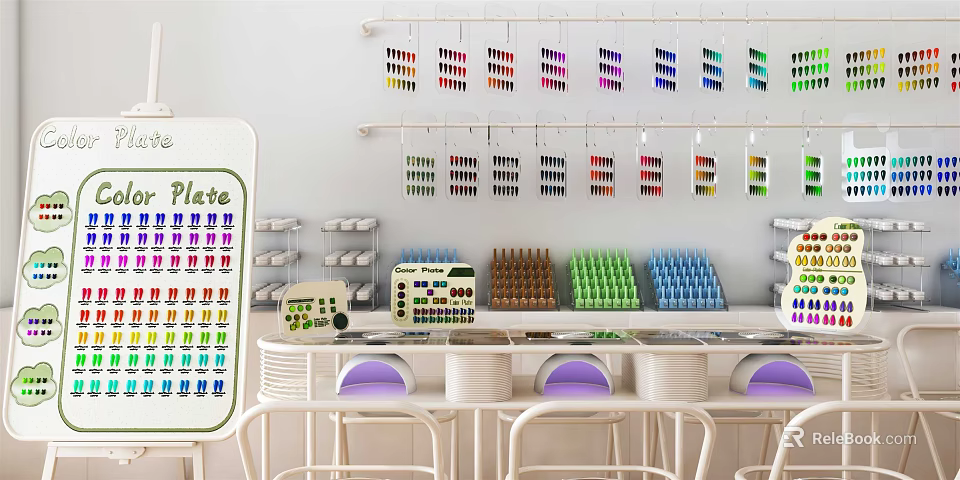 Hair Salon Interior With Colorful Hair Dye Products White Chairs And Plate Sign 3d model 