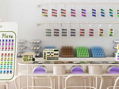 Hair Salon Interior With Colorful Hair Dye Products White Chairs And Plate Sign 3d model