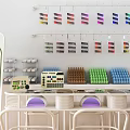 Hair Salon Interior With Colorful Hair Dye Products White Chairs And Plate Sign