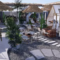 Outdoor Garden Decor With Thatch Umbrellas Cactus Plants Tables Chairs Stone Path Lighting