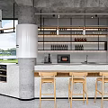 Cafe Interior Design with Concrete Ceiling Large Windows Wooden Furniture Display Case and Green Plants
