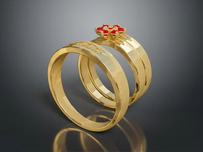 Two Elegant Gold Rings With Red Decorative Top For Daily Use Accessories 3d model