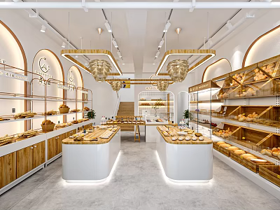 Elegant Dessert Shop Interior With Wooden Shelves Display Counters And Fresh Pastries 3d model