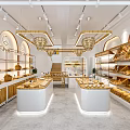 Elegant Dessert Shop Interior With Wooden Shelves Display Counters And Fresh Pastries