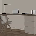 Modern Minimalist Home Office Interior With Desk Chair Set And Laptop Lamp Books