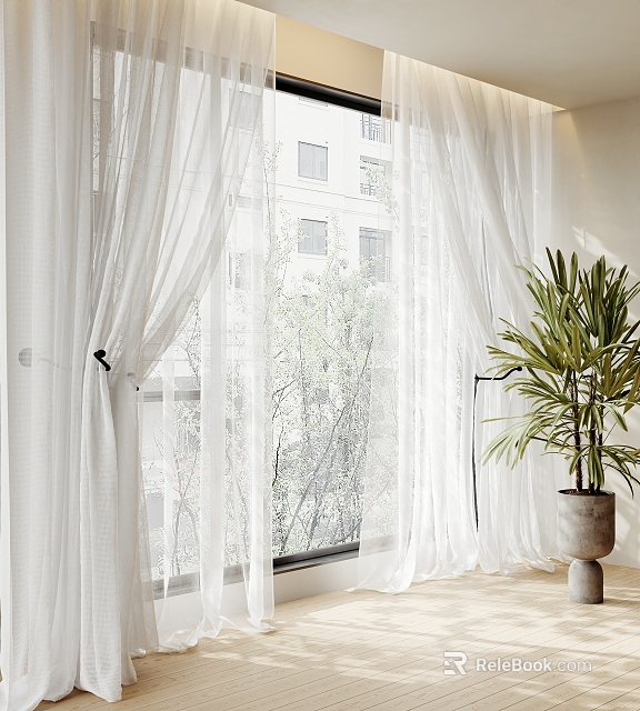 White Sheer Curtains for Living Room Window with Natural Light and Potted Plant 3d model 