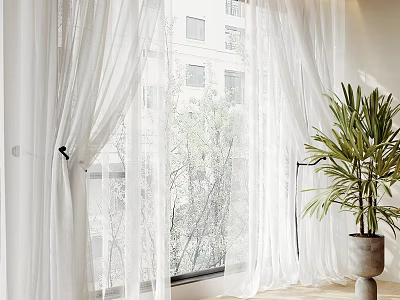 White Sheer Curtains for Living Room Window with Natural Light and Potted Plant 3d model
