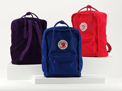 Stylish Iconic Backpacks in Purple Blue Red with Round Logo Design 3d model