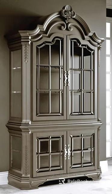 Classic Vintage Wine Cabinet With Glass Doors Carved Details And Drawers 3d model 