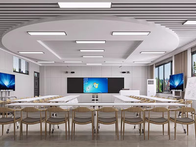 School Modern Classroom with Rows of Chairs Tables Large Screen Blackboard and Modern Lighting 3d model