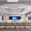 School Modern Classroom with Rows of Chairs Tables Large Screen Blackboard and Modern Lighting