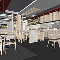 Modern Restaurant Interior With Wooden Tables Chairs Open Food Display And Pendant Lights