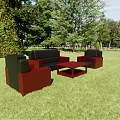 Black and Red Sofa Coffee Table Set on Green Lawn with Lush Greenery and Trees