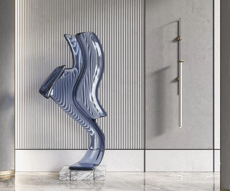 Streamlined Blue Sculpture on Marble Countertop with Vertical Striped Gray Wall and Metal Decorative Rod 3d model 