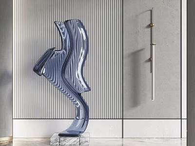 Streamlined Blue Sculpture on Marble Countertop with Vertical Striped Gray Wall and Metal Decorative Rod 3d model