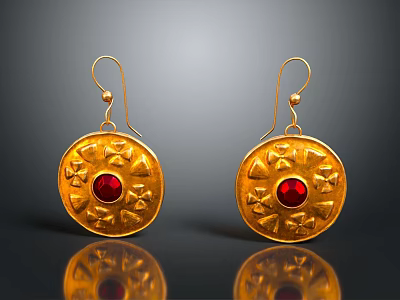 Elegant Golden Earrings With Round Design Red Gemstone And Decorative Patterns 3d model