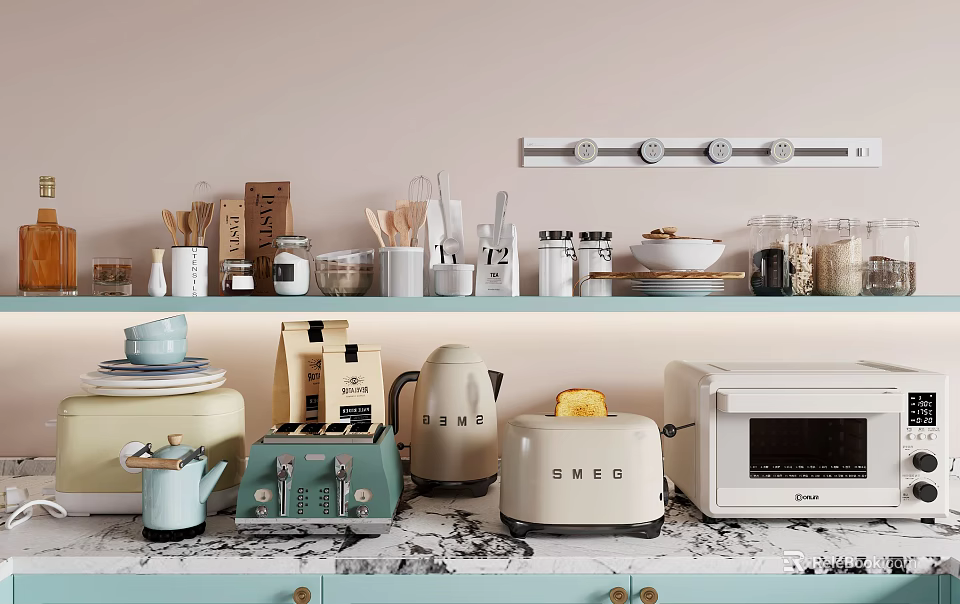 Essential Kitchen Utensils On Shelves Countertop With Toaster Kettle Jars And Bowls 3d model 