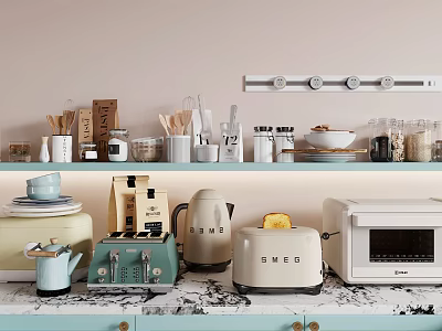 Essential Kitchen Utensils On Shelves Countertop With Toaster Kettle Jars And Bowls 3d model