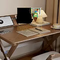 Wooden Desk and Chair Set with Clock Lamp Coffee Cup Open Book and Gray Cushion