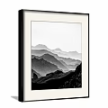 Black and White Landscape Painting With Layered Misty Distant Mountains
