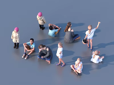 Group of children in different poses sitting and standing on gray background 3d model