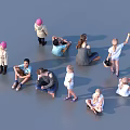 Group of children in different poses sitting and standing on gray background