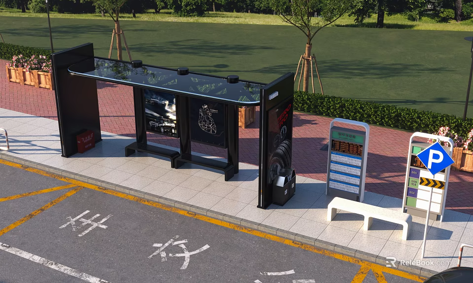 Bus Stop Shelter With Glass Roof Bench And Information Board Near Green Grass Area 3d model 