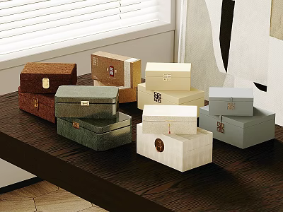 Colorful Decorative Storage Boxes For Home Organization On Wooden Table 3d model
