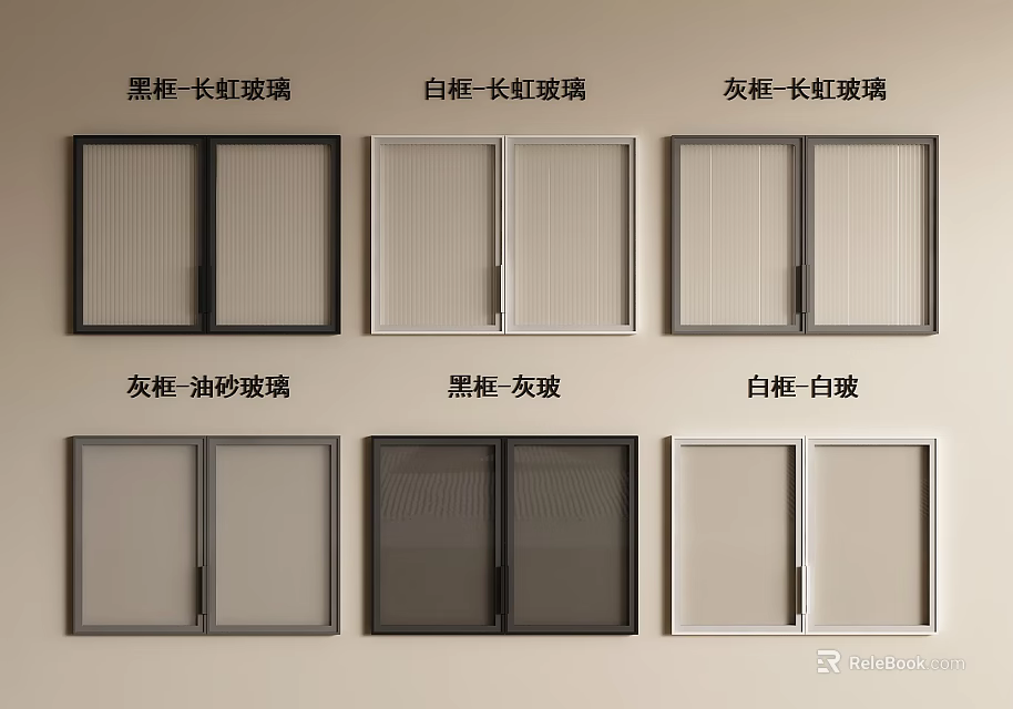 Wardrobe Doors With Black White Gray Frames And Ribbed Oiled Frosted Gray White Glass 3d model 