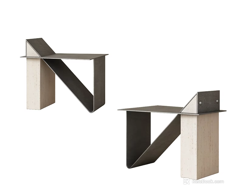 Two Modern Geometric Stools With Metal Frame And Beige Stone Base Design 3d model 