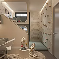Kids Room Interior With Bunk Bed Staircase Polka Dot Walls Table Chairs And Robot Toy