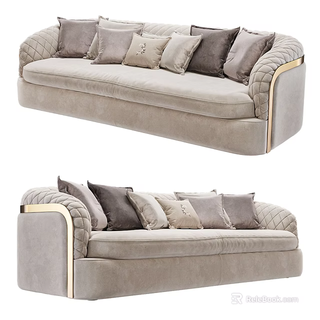 Elegant Modern Multi Seater Sofa With Plush Pillows And Gold Accent Trim 3d model