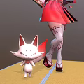 Anime Girl With Fox Ears Tail In Traditional Kimono Cherry Blossom Waving Sleeve