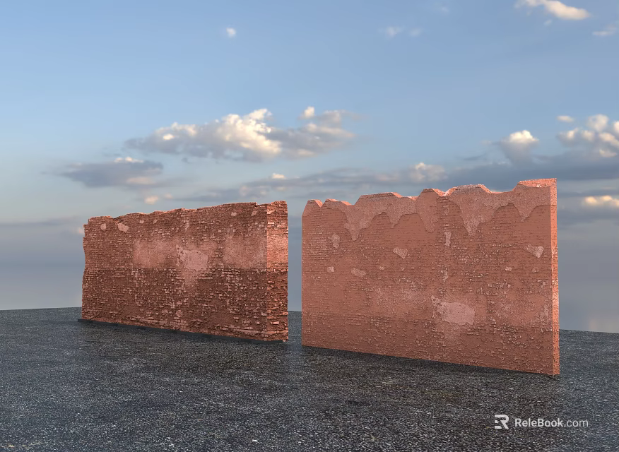Red Brick Building Exterior Wall With Weathered Textured Surface And Blue Sky 3d model 