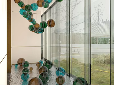 Colorful Glass Balls Window Display With Hanging Decor And Scattered Floor Ornaments 3d model