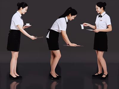Three Female Servers In Uniform With Trays And Cups Demonstrating Service Postures 3d model